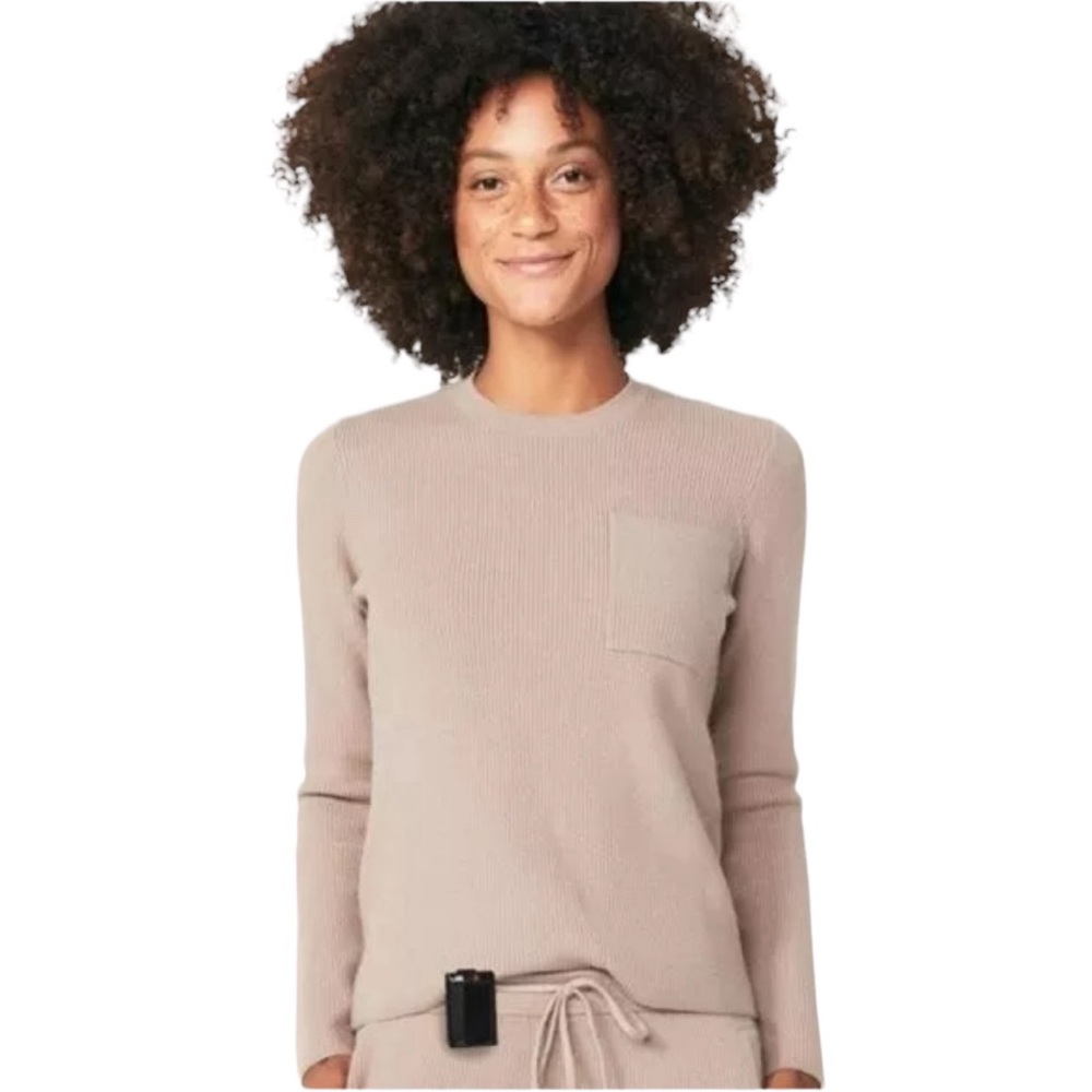 FIGS Scrubs Women's Loungewear Ribbed Knit Pocket Sweater in Beige - XS